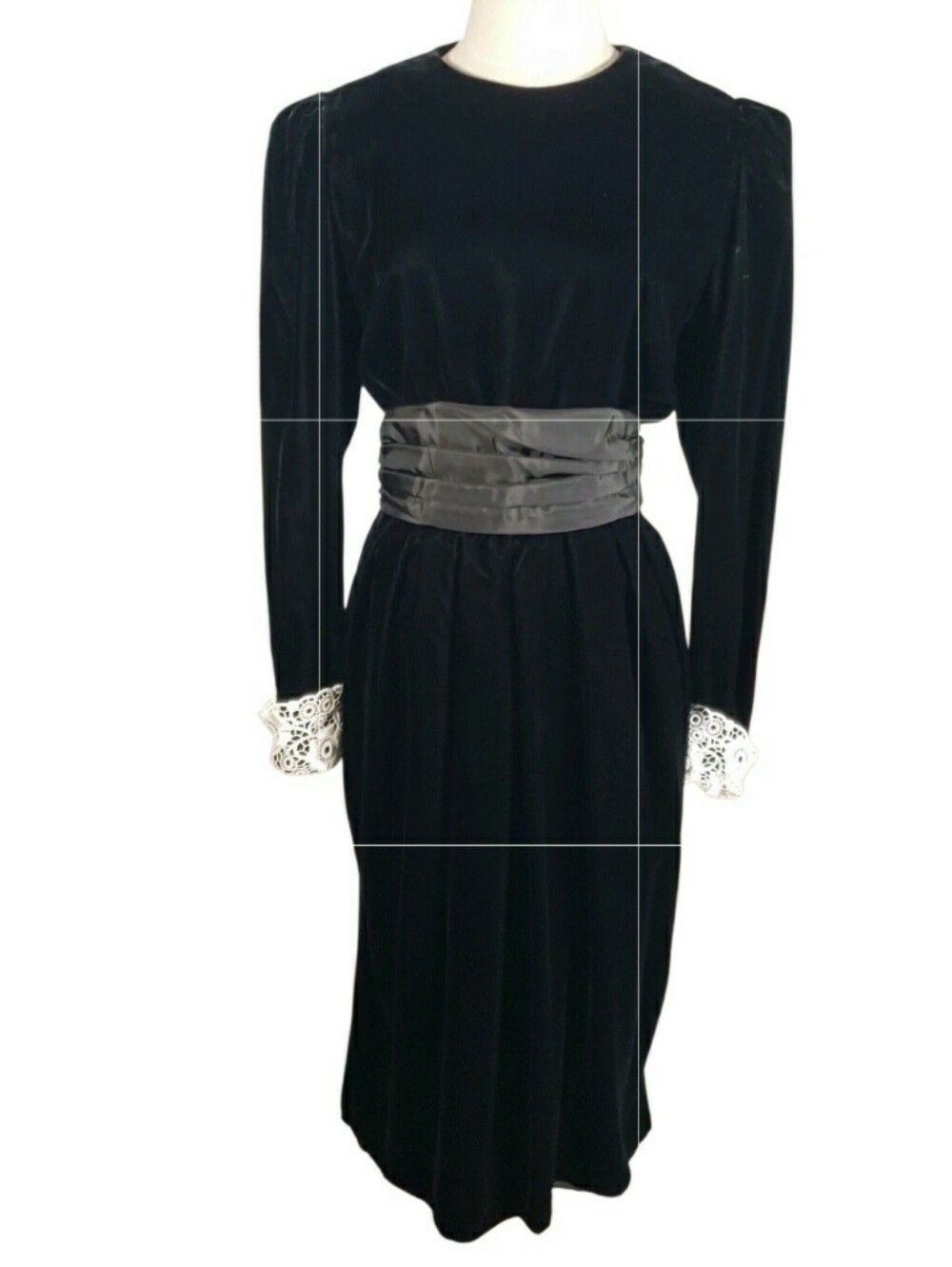 Donna Morgan Vtg Non Stop Black Velvet Crochet Cumberbun Bustle Edwardian Gothic